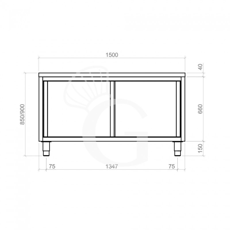 Tavolo armadiato passante in acciaio inox con porte scorrevoli, L 1500 mm x P 700 mm x H 850 mm
