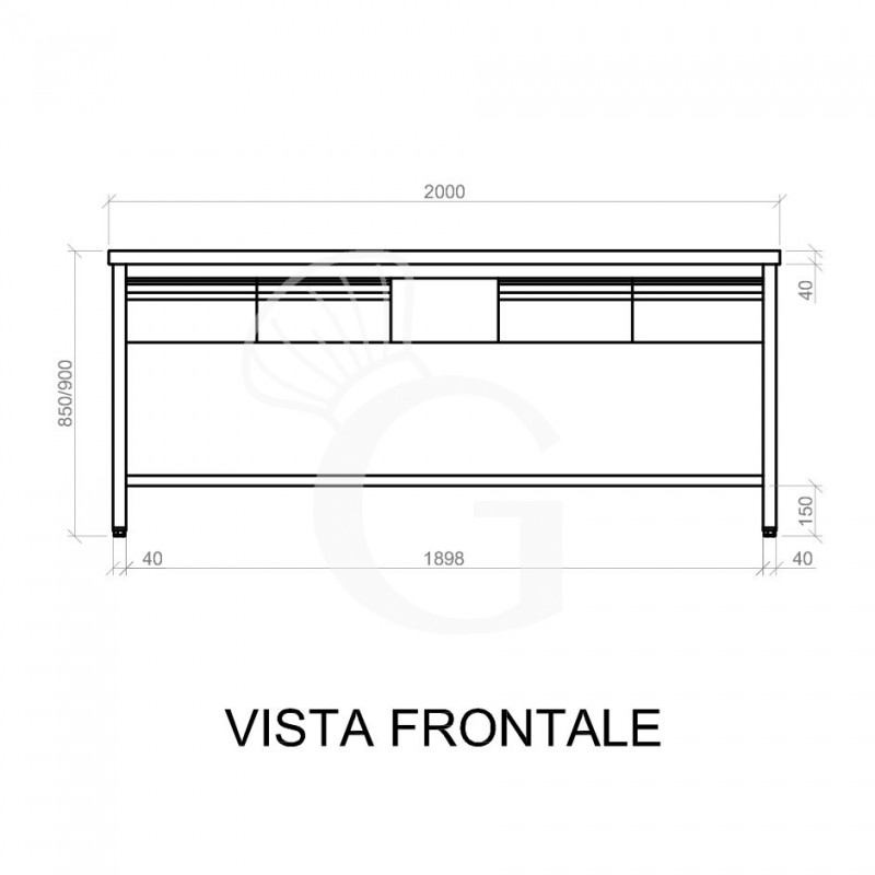 Tavolo inox ripiano 4 cassetti L 2000 mm x P 600 mm x H 850 mm