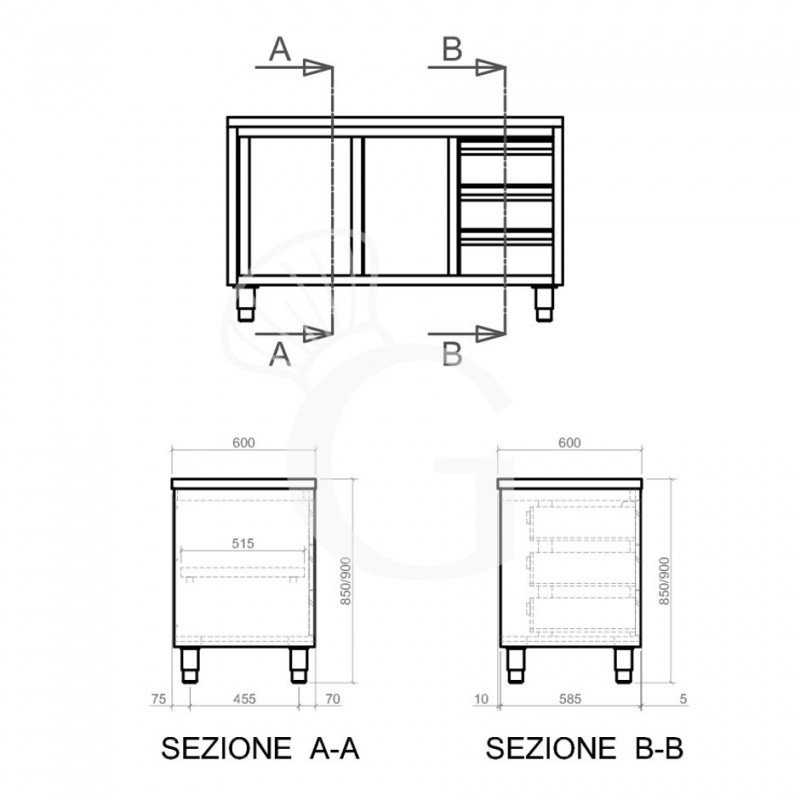 Tavolo armadiato, 2 porte scorrevoli, 3 cassetti sul lato destro, L 2400 mm x P 600 mm x H 850 mm