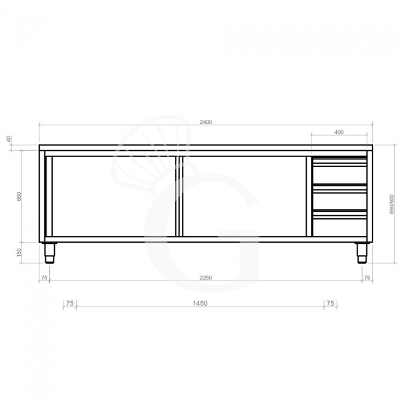 Tavolo armadiato, 2 porte scorrevoli, 3 cassetti sul lato destro, L 2400 mm x P 700 mm x H 850 mm