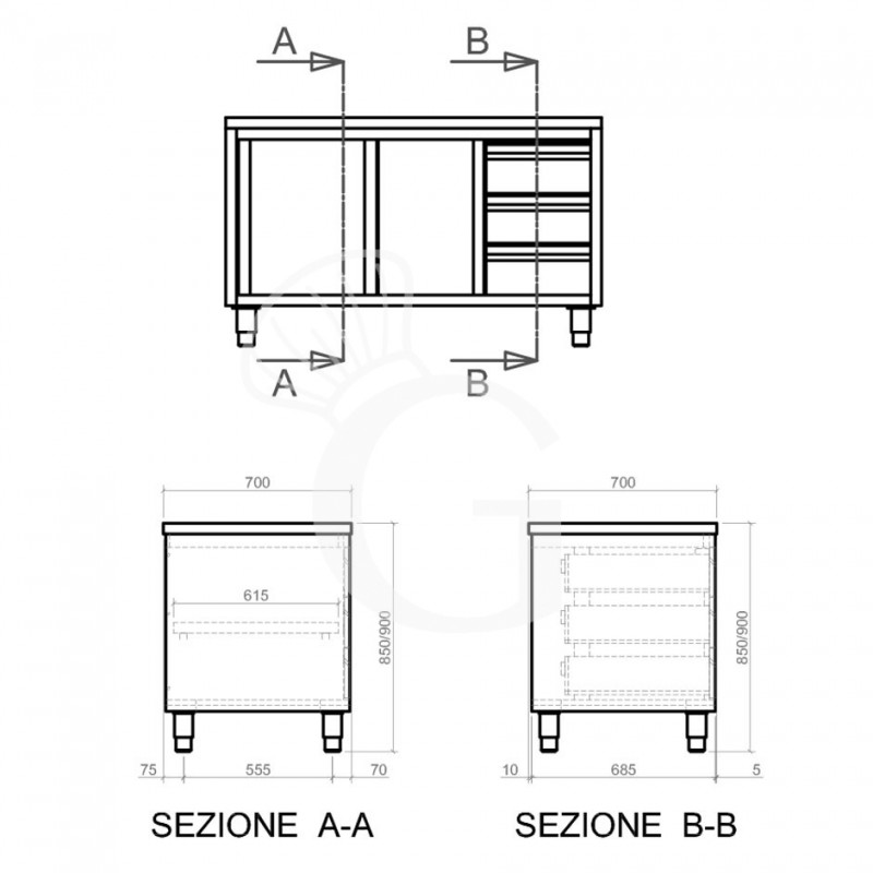 Tavolo armadiato, 2 porte scorrevoli, 3 cassetti sul lato destro, L 2400 mm x P 700 mm x H 850 mm