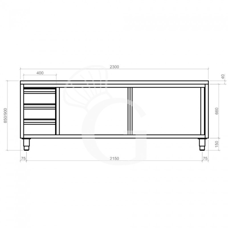 Tavolo armadiato, 2 porte scorrevoli, 3 cassetti sul lato sinistro, L 2300 mm x P 600 mm x H 850 mm