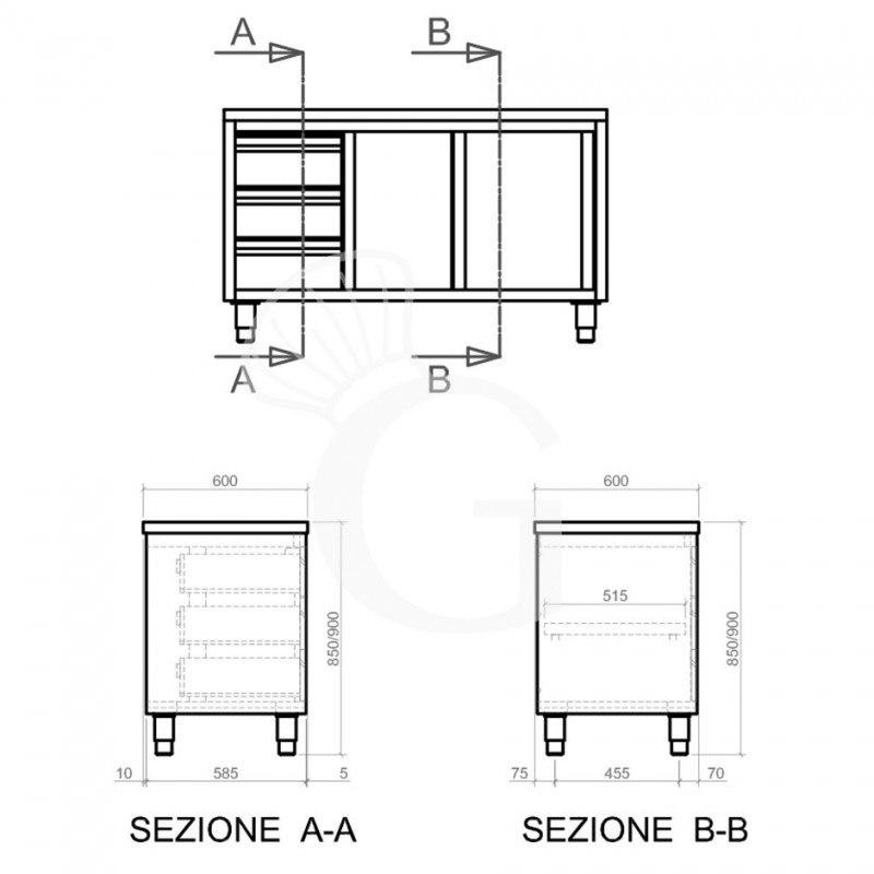 Tavolo armadiato, 2 porte scorrevoli, 3 cassetti sul lato sinistro, L 2400 mm x P 600 mm x H 850 mm