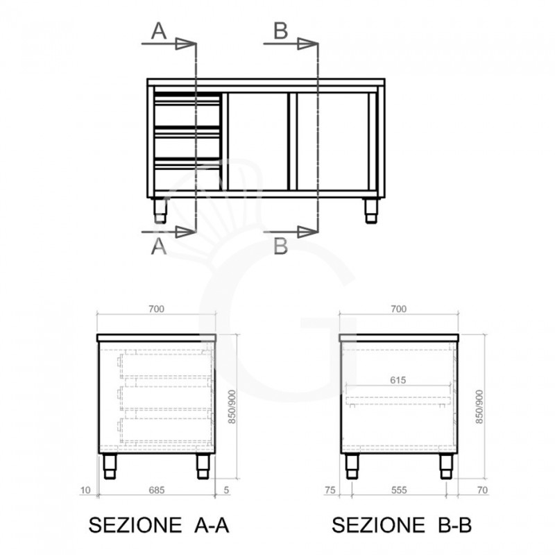 Tavolo armadiato, 2 porte scorrevoli, 3 cassetti sul lato sinistro, L 2400 mm x P 700 mm x H 850 mm