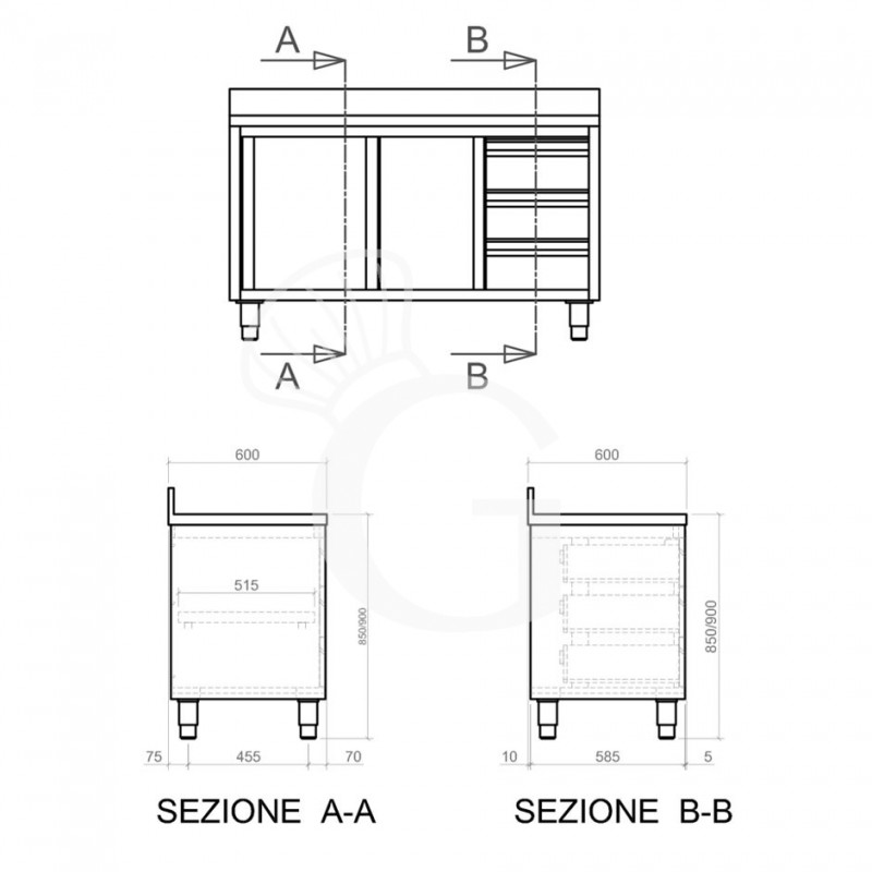 Tavolo armadiato,2 porte scorrevoli,3 cassetti a destra, alzatina, L2400 x P600 x H950mm