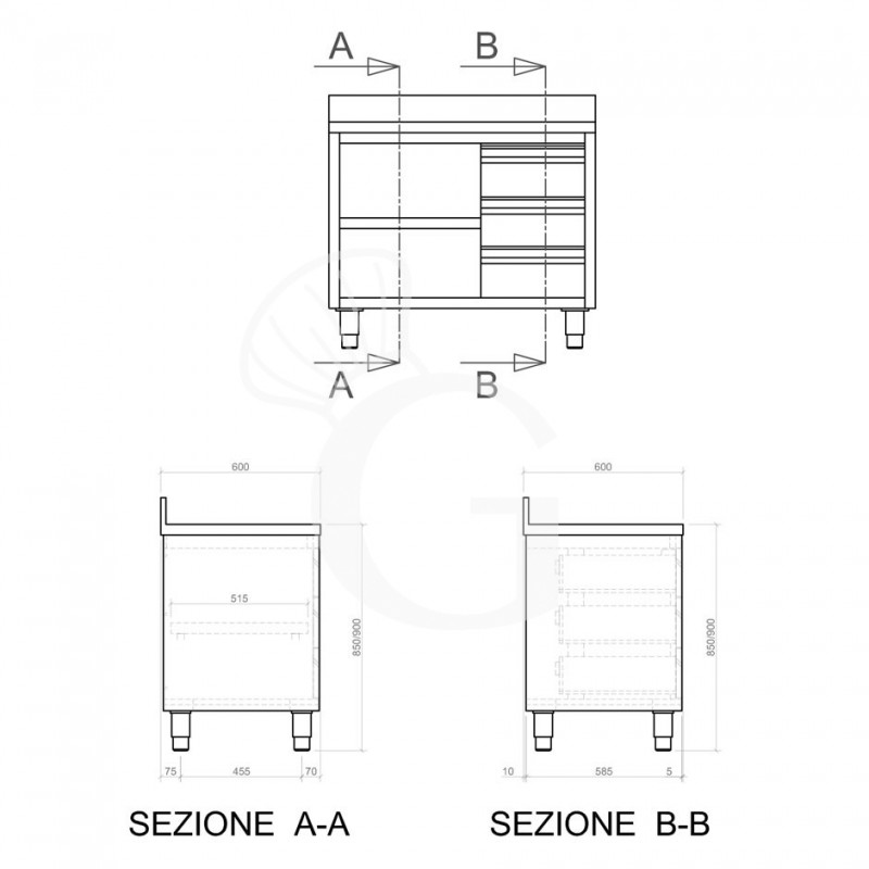 Tavolo a giorno in acciaio inox,3 cassetti a destra, alzatina, L 2200 mm x P600 mm x H 950 mm