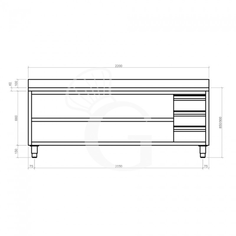 Tavolo a giorno in acciaio inox,3 cassetti a destra, alzatina, L 2200 mm x P600 mm x H 950 mm