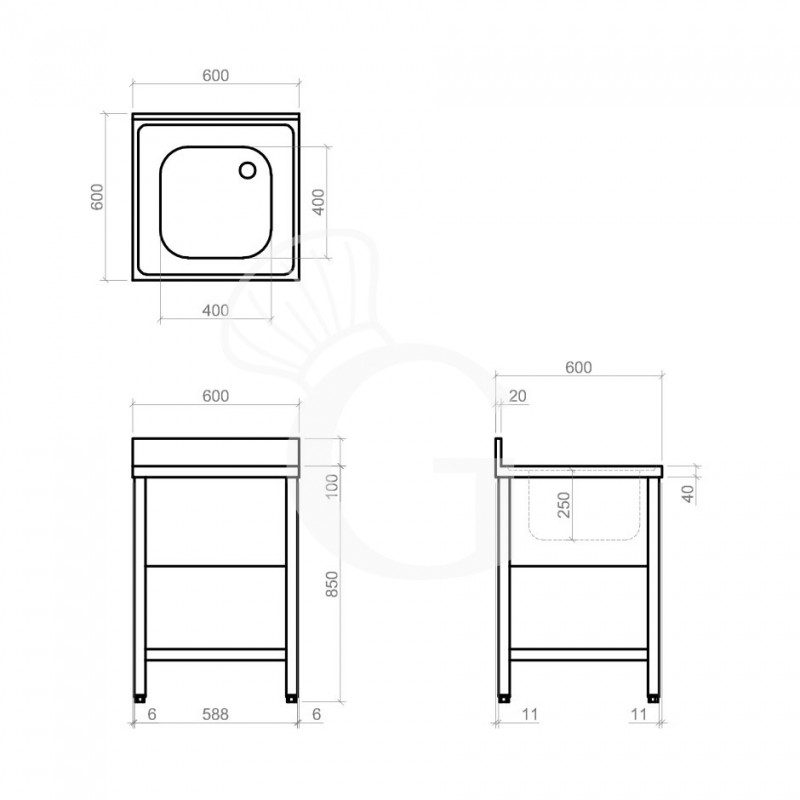 Lavandino semplice in acciaio inox, 1 ripiano, alzatina, 1 vasca, L 600 x P 600 x H 950 mm