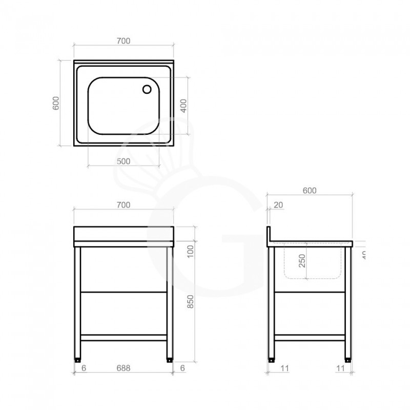 Lavandino semplice in acciaio inox, 1 ripiano, alzatina, 1 vasca, L 700 x P 600 x H 950 mm