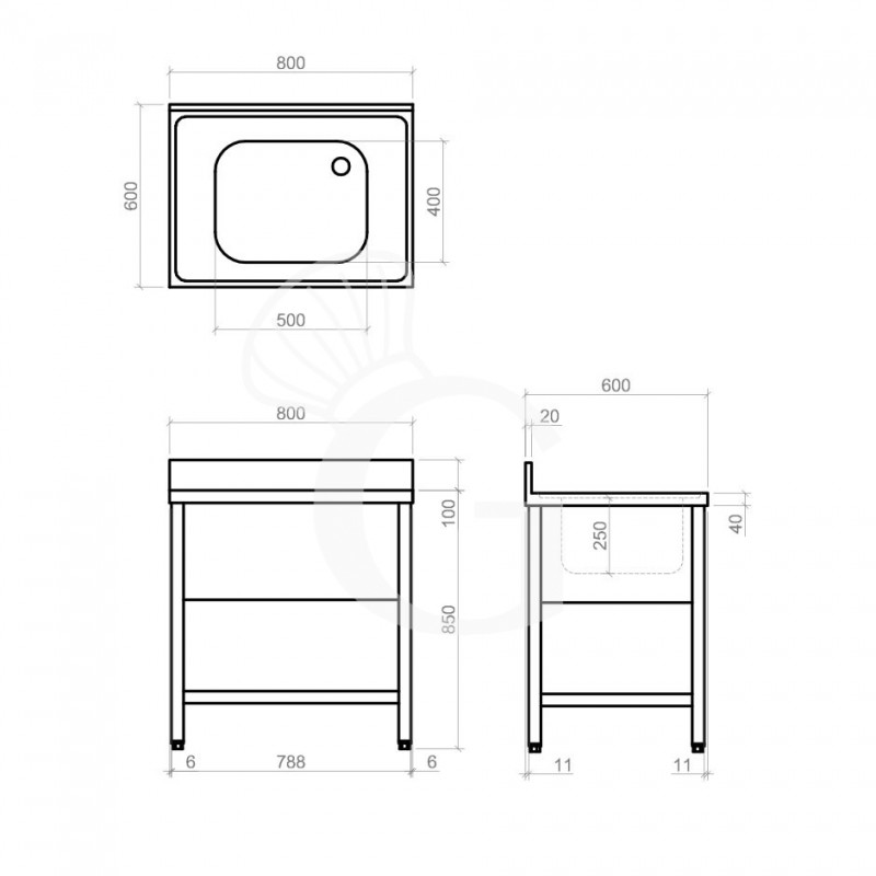 Lavandino semplice in acciaio inox, 1 ripiano, alzatina, 1 vasca, L 800 x P 600 x H 950 mm