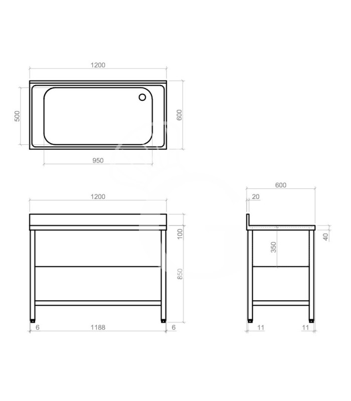 Lavapentole acciaio, 1 ripiano, alzatina, 1 vasca, L 1200 x P 600 x H 950 mm