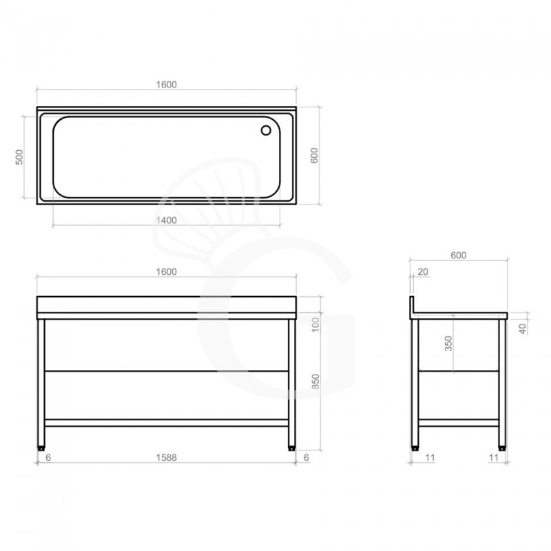 Lavapentole semplice in acciaio inox, 1 ripiano, alzatina, 1 vasca, L 1600 x P 600 x H 950 mm