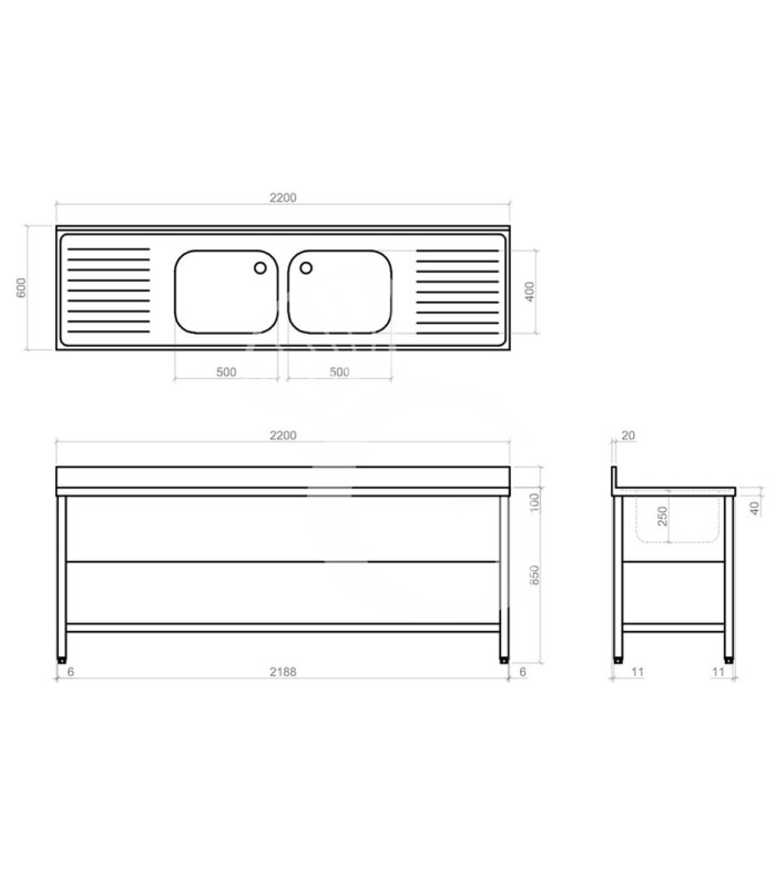 Lavello semplice con alzatina, 1 ripiano, 2 vasche, 2 gocciolatoi, L2200xP600xH950mm