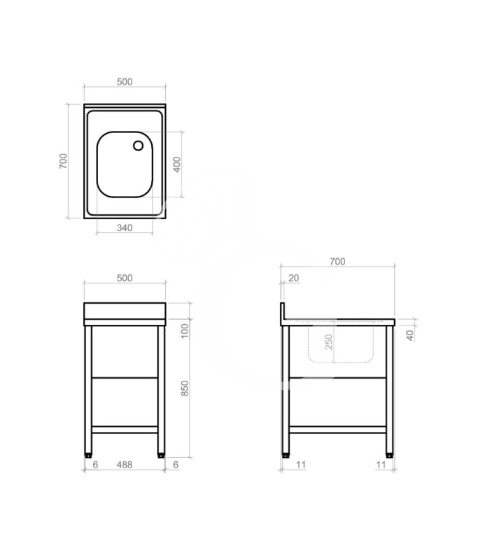 Lavandino semplice in acciaio inox, 1 ripiano, alzatina, 1 vasca, L 500 x P 700 x H 950 mm