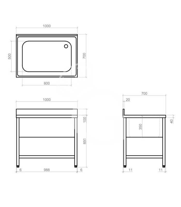 Lavapentole inox, 1 ripiano, alzatina, 1 vasca, L 1000 x P 700 x H 950 mm