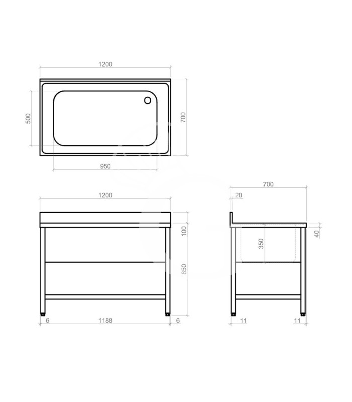 Lavapentole inox, 1 ripiano, alzatina, 1 vasca, L 1200 x P 700 x H 950 mm