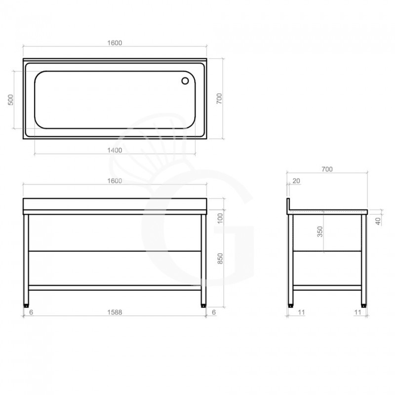 Lavapentole inox, 1 ripiano, alzatina, 1 vasca, L 1600 x P 700 x H 950 mm