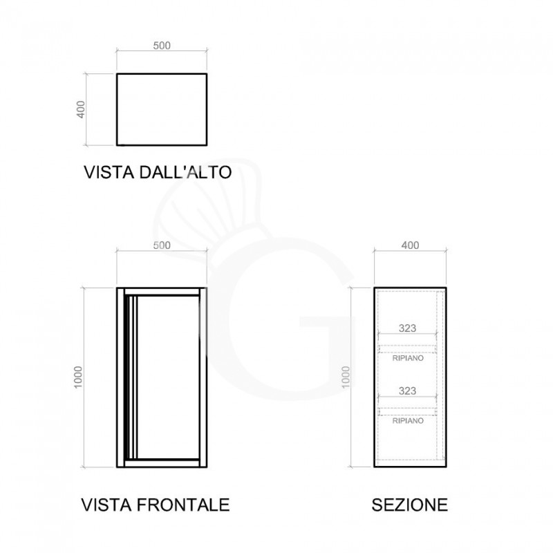 Pensile inox con 1 porta battente, 2 ripiani, L 500 x P 400 x H 1000 mm