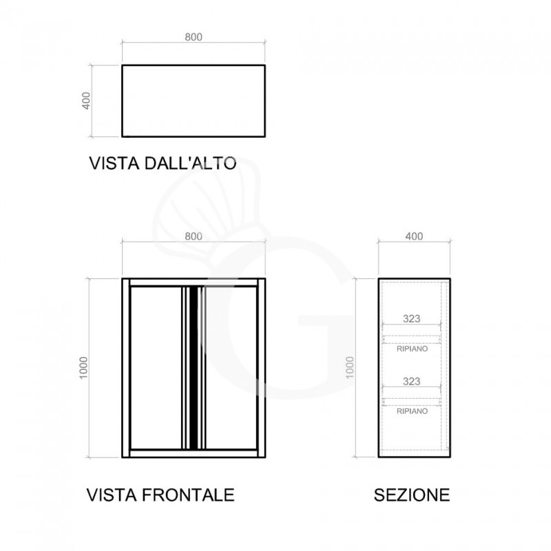 Pensile inox con 2 porte battenti, 2 ripiani, L 800 x P 400 x H 1000 mm