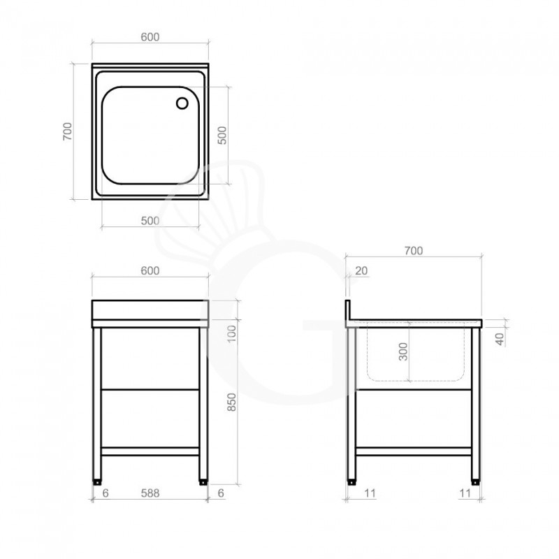 Lavandino semplice in acciaio inox, 1 ripiano, alzatina, 1 vasca, L 600 x P 700 x H 950 mm