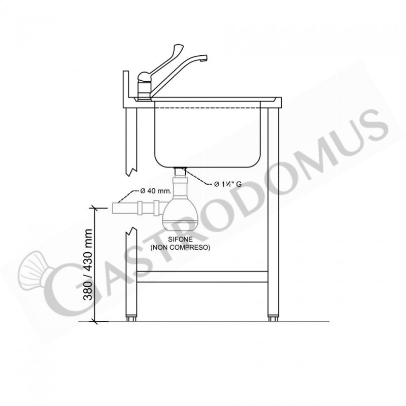 Lavello armadiato vano lavastoviglie,2 vasche,gocciolatoio sinistra,L1700xP700xH950mm