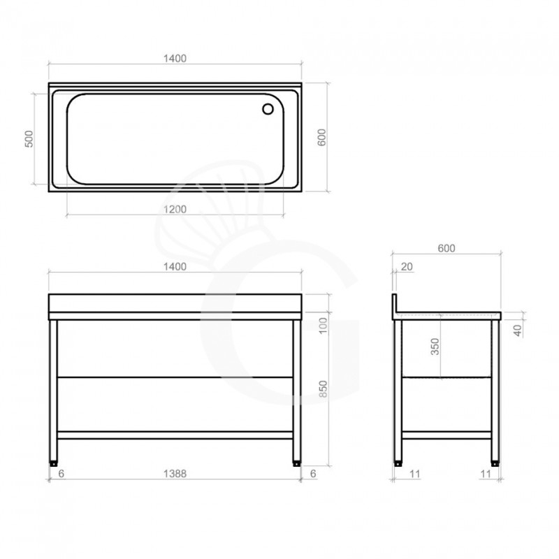 Lavapentole acciaio, 1 ripiano, alzatina, 1 vasca, L 1400 x P 600 x H 950 mm
