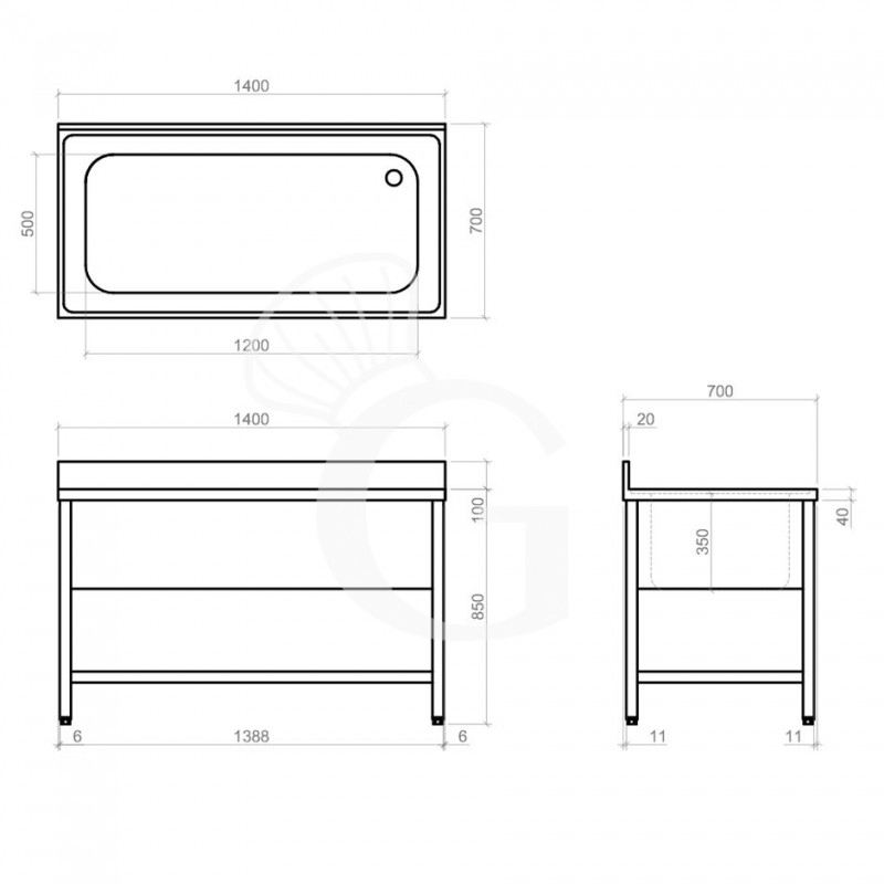 Lavapentole acciaio, 1 ripiano, alzatina, 1 vasca, L 1400 x P 700 x H 950 mm