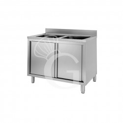 Lavello inox armadiato con porte scorrevoli, 2 vasche, alzatina, L 1000 mm x P 700 mm x H 950 mm