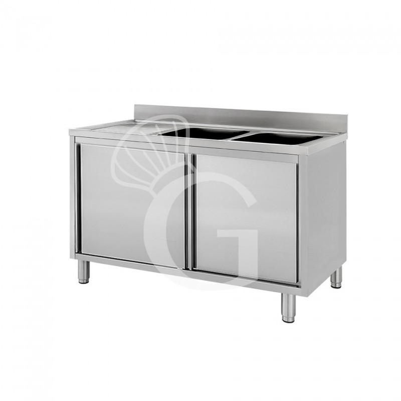 Lavello inox armadiato con porte scorrevoli,2 vasche,gocciolatoio a sinistra,L 1600 x P 600 x H 950 mm