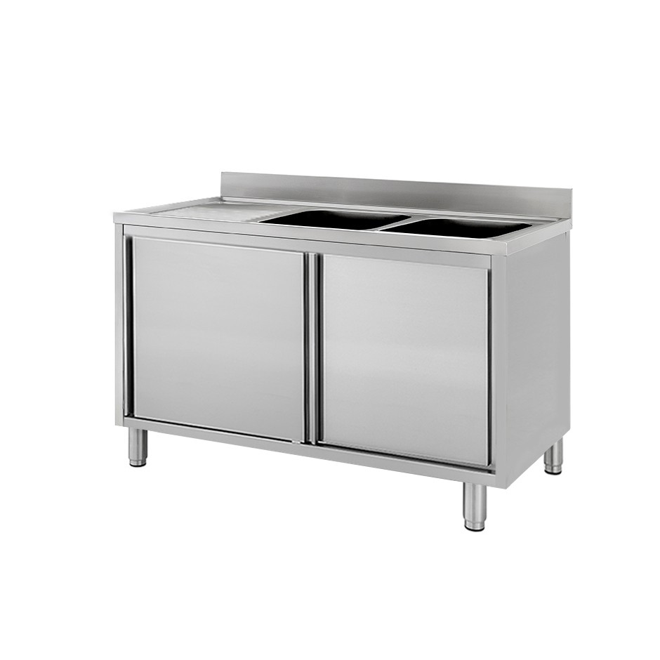 Lavello inox armadiato con porte scorrevoli,2 vasche,gocciolatoio a sinistra,L 1600 x P 600 x H 950 mm