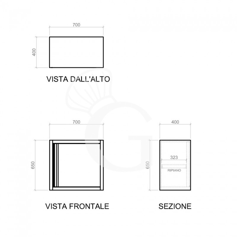 Pensile in acciaio inox, 1 porta battente, 1 ripiano forato, sgocciolatoio,  L 700 x P 400 x H 660 mm