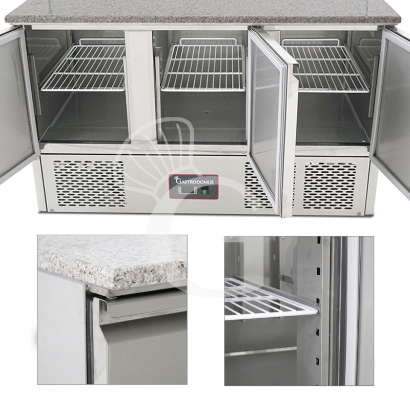 Particolare interno saladette refrigerazione statica con vetro predisposta per 8 bacinelle GN1/6 con 3 porte e piano in granito