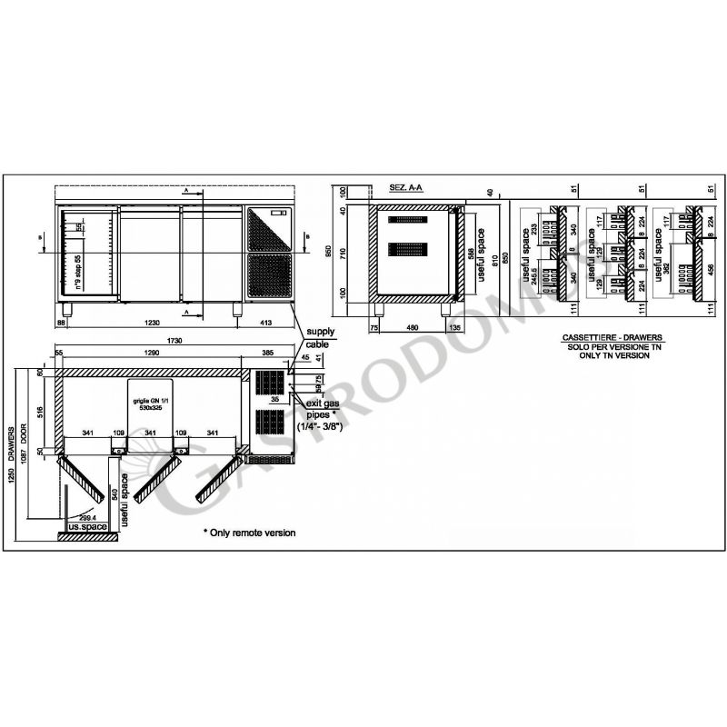 Tavolo refrigerato 3 porte piano in acciaio inox con alzatina prof.600 TN
