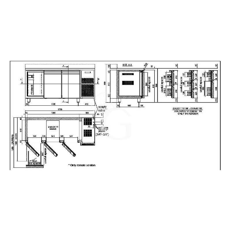 Scheda tecnica Tavolo Refrigerato motore a sinistra 3 porte Prof. 700 mm -18°C/-22°C