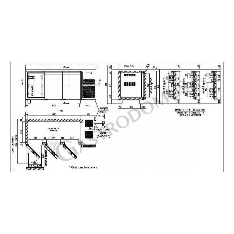 Scheda tecnica Tavolo Refrigerato motore a sinistra 3 porte alzatina Prof. 700 mm -18°C/-22°C classe energetica G