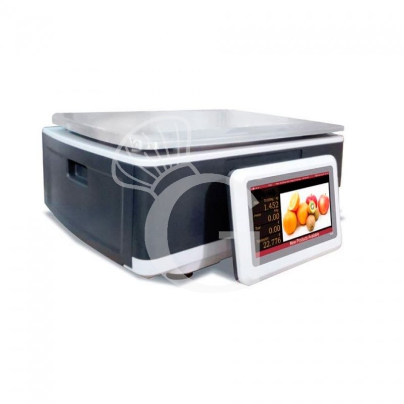 Bilancia commerciale etichettatrice touch screen, con portata 3/6 Kg e divisione 1/2 g dotata di piatto pesatura frutta