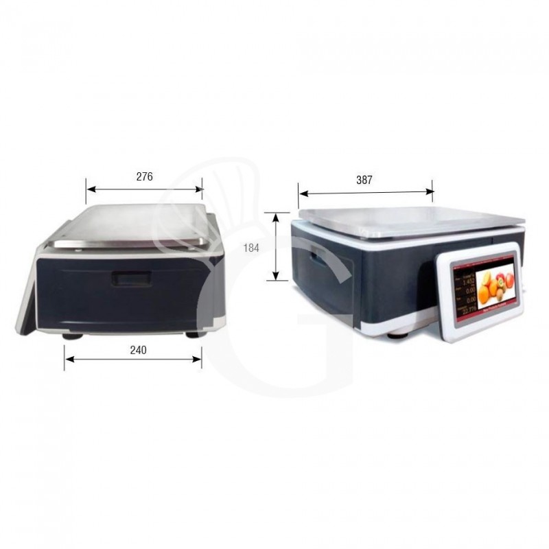 Bilancia commerciale etichettatrice touch screen, con portata 3/6 Kg e divisione 1/2 g dotata di piatto pesatura frutta