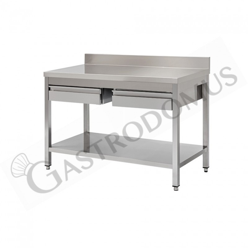 Tavolo semplice in acciaio inox con piano, alzatina, 2 cassetti e L 1300 mm x P 600 mm x H 950 mm