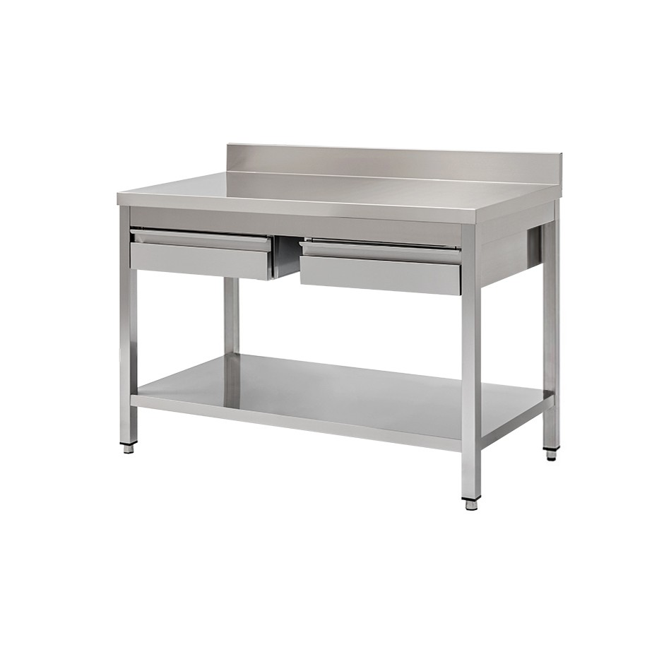Tavolo semplice in acciaio inox con piano, alzatina, 2 cassetti e L 1300 mm x P 600 mm x H 950 mm