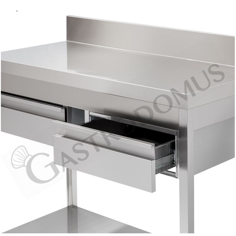 Tavolo semplice in acciaio inox con piano, alzatina, 2 cassetti e L 1300 mm x P 600 mm x H 950 mm