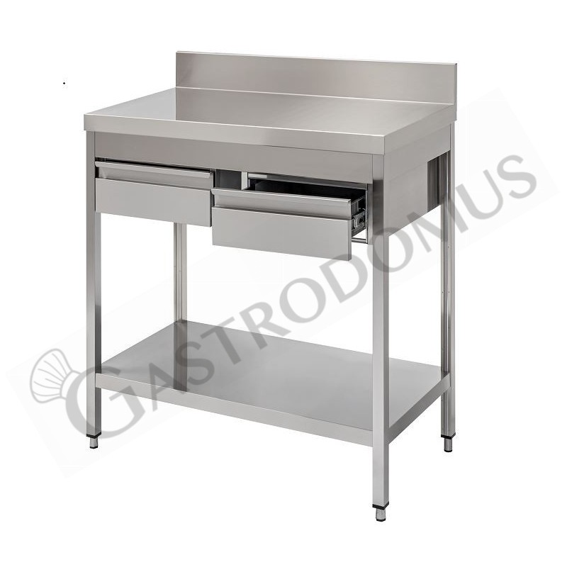 Tavolo semplice in acciaio inox con piano, alzatina, 2 cassetti e L 1300 mm x P 600 mm x H 950 mm
