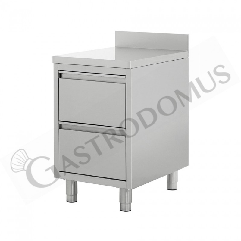Cassettiera inox professionale 2 cassetti, alzatina, misure 500x700x950mm