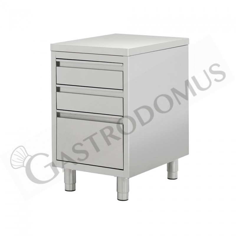 Cassettiera inox con 2 cassetti e un cassettone, misure 500x700x850 mm Cassettiera inox con 2 cassetti e un cassettone, misure 500x700x850 mm