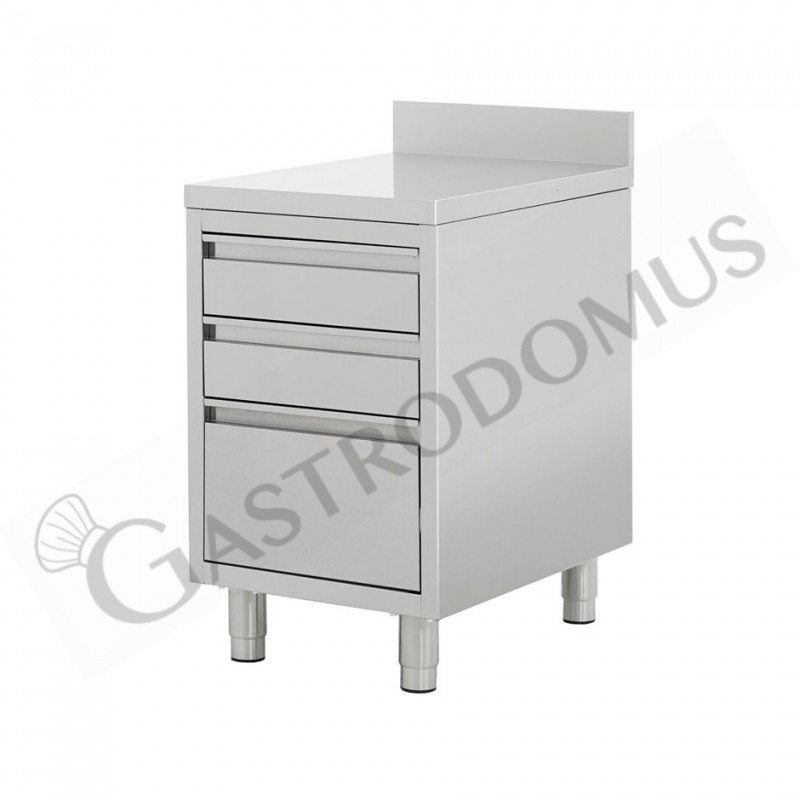 Cassettiera inox con 2 cassetti, un cassettone, alzatina, misure 500x700x950 mm Cassettiera inox con 2 cassetti, un cassettone, alzatina, misure 500x700x950 mm