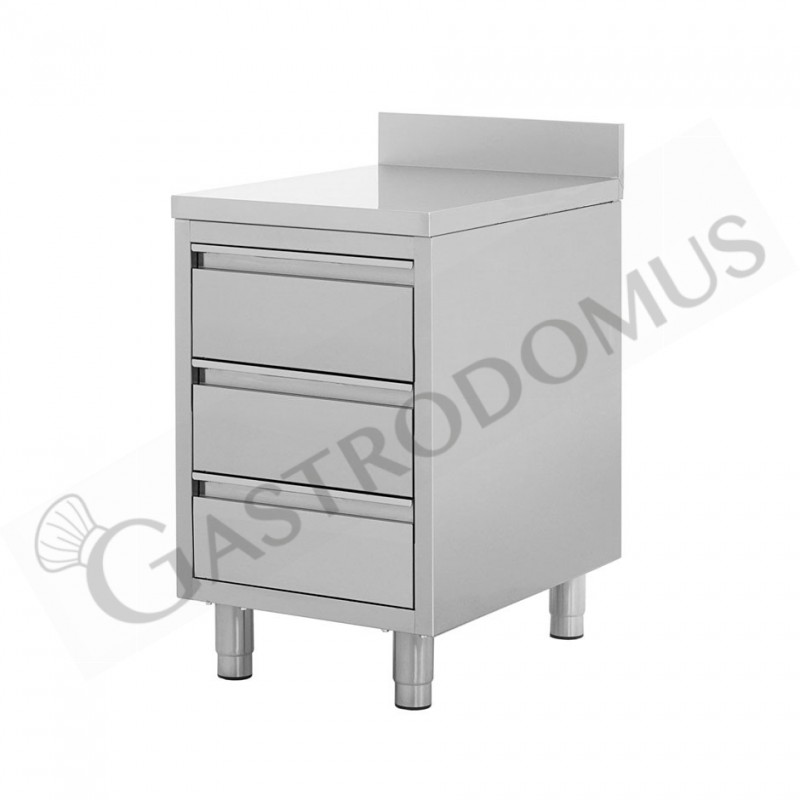 Cassettiera inox con 3 cassetti e alzatina, misure 500x700x950mm