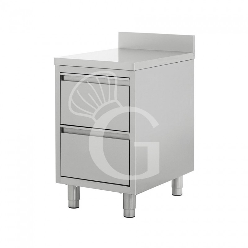 Cassettiera inox professionale 2 cassetti, alzatina, misure 500x600x950mm