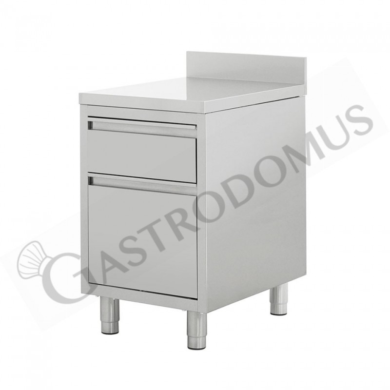 Cassettiera inox 1 cassetto, bottigliera, alzatina, misure 500x600x950mm Cassettiera inox 1 cassetto, bottigliera, alzatina, misure 500x600x950mm