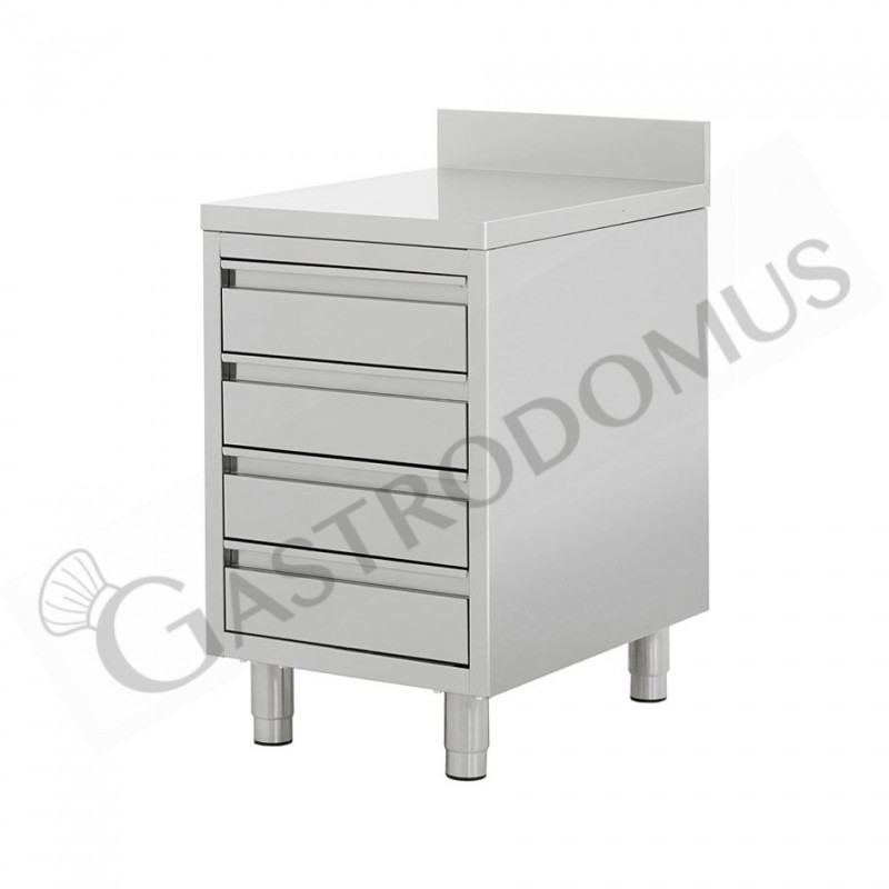 Cassettiera in acciaio inox con 4 cassetti e alzatina, misure 500x600x950mm Cassettiera in acciaio inox con 4 cassetti e alzatina, misure 500x600x950mm