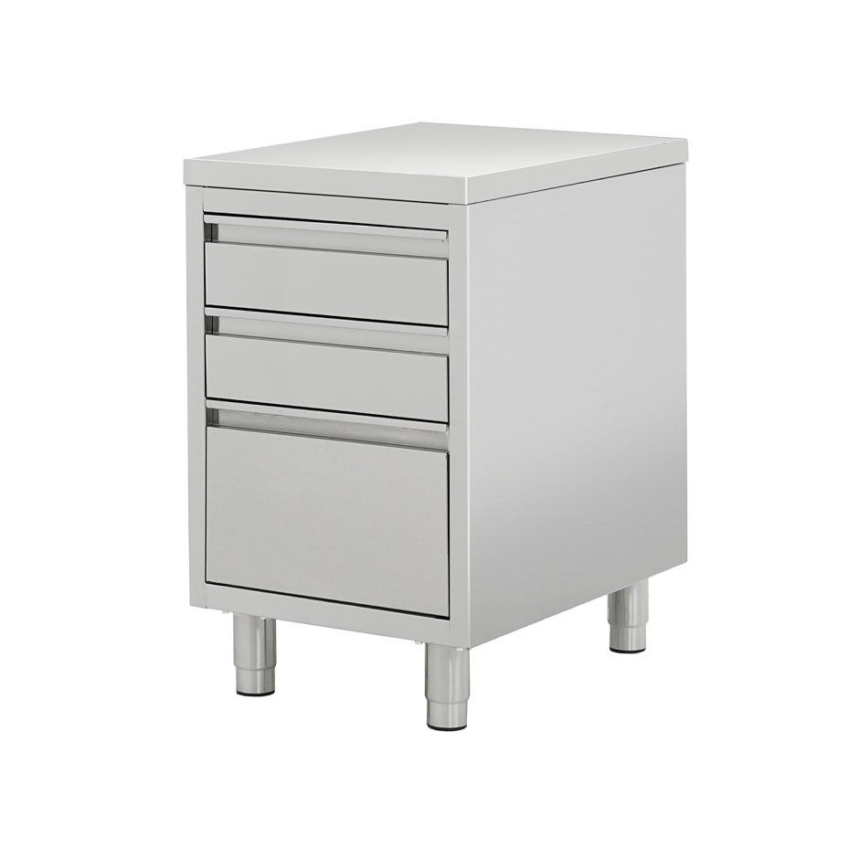 Cassettiera in acciaio inox con 2 cassetti e un cassettone, misure 500x600x850mm