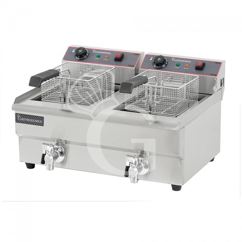Friggitrice elettrica da banco con 2 vasche capacità 13+13 LT, 4+4 KW, Monofase con rubinetto